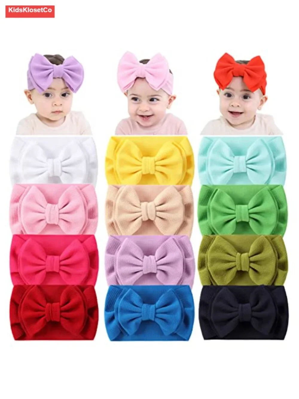 12 Pack Stretchy Elastic Wide Nylon Headbands with Big Knot Bow for Baby Girls